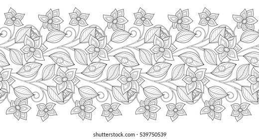 Monochrome Seamless Pattern with Floral Motifs. Endless Texture with Flowers, Leaves etc. Natural Background in Doodle Line Style. Coloring Book Page. Vector Contour Illustration. Abstract Art