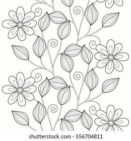 Monochrome Seamless Pattern with Floral Motifs. Endless Texture with Flowers, Leaves etc. Natural Background in Doodle Line Style. Coloring Book Page. Vector Contour Illustration. Abstract Art