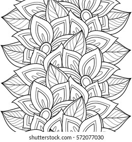 Monochrome Seamless Pattern with Floral Motifs. Endless Texture with Flowers, Leaves etc. Natural Background in Doodle Line Style. Coloring Book Page. Contour Illustration. Abstract Art