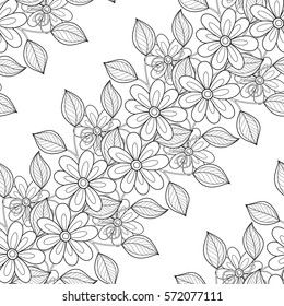 Monochrome Seamless Pattern with Floral Motifs. Endless Texture with Flowers, Leaves etc. Natural Background in Doodle Line Style. Coloring Book Page. Contour Illustration. Abstract Art