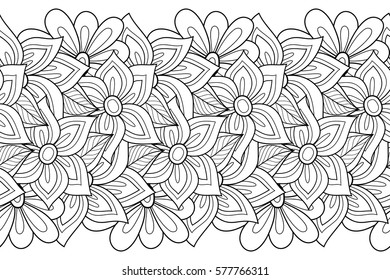 Monochrome Seamless Pattern with Floral Motifs. Endless Texture with Flowers, Leaves etc. Natural Background in Doodle Line Style. Coloring Book Page. Contour Illustration. Abstract Art