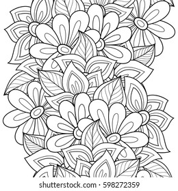 Monochrome Seamless Pattern with Floral Motifs. Endless Texture with Flowers, Leaves etc. Natural Background in Doodle Line Style. Coloring Book Page. Vector Contour Illustration. Abstract Art