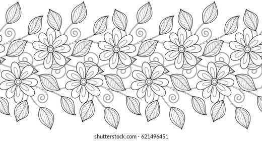 Monochrome Seamless Pattern with Floral Motifs. Endless Texture with Flowers, Leaves etc. Natural Background in Doodle Line Style. Coloring Book Page. Vector Contour Illustration. Abstract Art