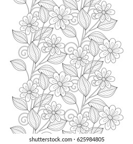 Monochrome Seamless Pattern with Floral Motifs. Endless Texture with Flowers, Leaves etc. Natural Background in Doodle Line Style. Coloring Book Page. Vector Contour Illustration. Abstract Art
