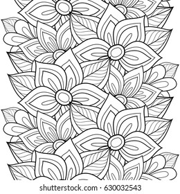 Monochrome Seamless Pattern with Floral Motifs. Endless Texture with Flowers, Leaves etc. Natural Background in Doodle Line Style. Coloring Book Page. Vector Contour Illustration. Abstract Art