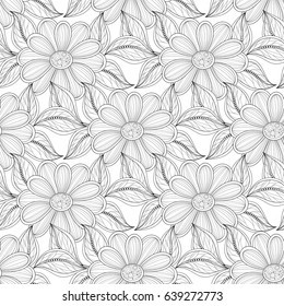 Monochrome Seamless Pattern with Floral Motifs. Endless Texture with Flowers, Leaves etc. Natural Background in Doodle Line Style. Coloring Book Page. Vector Contour Illustration. Abstract Art