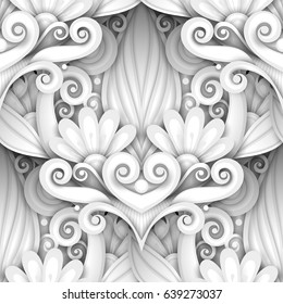 Monochrome Seamless Pattern with Floral Motifs. Endless Texture with Flowers, Leaves and Swirls. Natural Background in Doodle Style. Realistic Ornaments. Vector 3d Illustration. Abstract Ornate Art