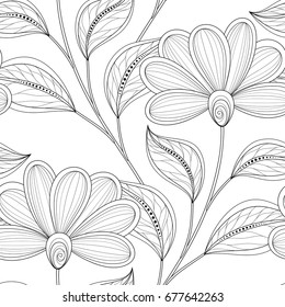 Monochrome Seamless Pattern with Floral Motifs. Endless Texture with Flowers, Leaves etc. Natural Background in Doodle Line Style. Coloring Book Page. Vector Contour Illustration. Abstract Art