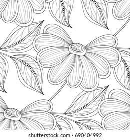 Monochrome Seamless Pattern with Floral Motifs. Endless Texture with Flowers, Leaves etc. Natural Background in Doodle Line Style. Coloring Book Page. Vector Contour Illustration. Abstract Art