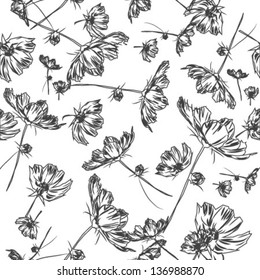 monochrome seamless pattern flower cosmos sketch vector