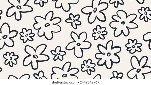 Monochrome seamless pattern flower with  linear style. flower drawing line pattern.