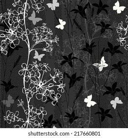 Monochrome seamless  pattern of  flowers and butterflies. Hand-drawn floral background.