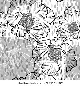 Monochrome seamless pattern with flowers. Hand-drawn floral background.