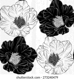Monochrome seamless pattern with flowers. Hand-drawn floral background.