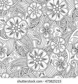 Monochrome seamless pattern with flowers and leaves in doodle mendie style. Coloring page with beautiful floral motif. Good quality coloring book for adult and children. Zentangle inspired artwork.