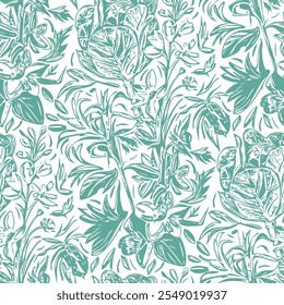 Monochrome  seamless pattern with flowers.  Vector illustration