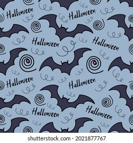 Monochrome seamless pattern with flying bats on a gray background for decoration on Halloween