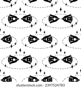 Monochrome seamless pattern with flying moon birds in the space. Mystic print for tee, paper, textile and fabric. Doodle vector illustration.


