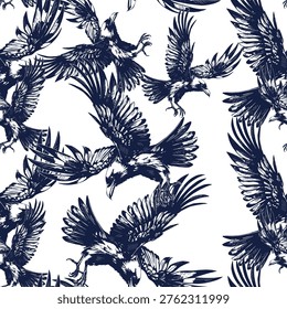 Monochrome seamless pattern with flying ravens. Gothic style vector background with detailed black birds in flight isolated on white background. Perfect for Halloween, tattoo des