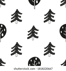 Monochrome seamless pattern with forest trees. Vector. Bw Kids illustration for nursery. Perfect for baby clothes, greeting card, wrapping. Pattern is cut, no clipping mask.