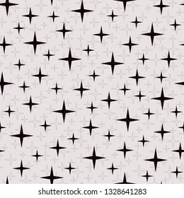 Monochrome seamless pattern with four-pointed stars and dotted star shapes in back. Repetitive vector background for packaging or wallpaper.