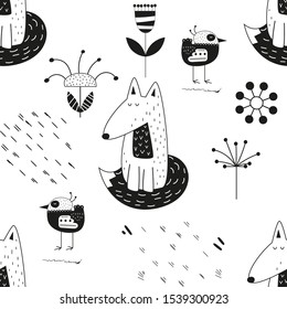 Monochrome seamless pattern with foxes and birds in Scandinavian style. Vector Illustration. Kids illustration for nursery scandi design. Great for baby clothes, greeting card, wrapping paper.