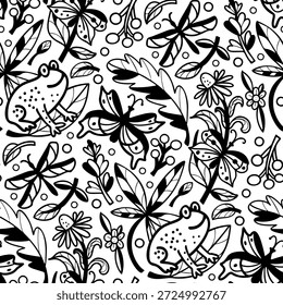 Modelo inconsútil monocromo con las ranas, los insectos y las flores. Ilustración vectorial.