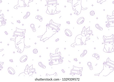 Patrón monocromo sin fisuras con graciosos gatitos de caricatura con dispositivos VR en un espacio de realidad virtual. Estilo lineal plano. Fondo blanco. Apropiado para envolver papel, textiles, fondos, etc.
