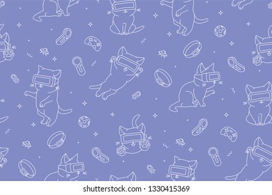 Monochrome seamless pattern with funny cartoon kittens with VR devices in a virtual reality space. Flat linear style. Violet background. Suitable for wrapping paper, textile, backgrounds etc.