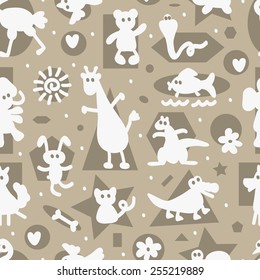 Monochrome Seamless pattern with funny cartoon animal silhouettes. Kids wallpaper. 