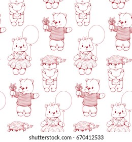 Monochrome seamless pattern with funny cartoon bears.  Vector illustration.