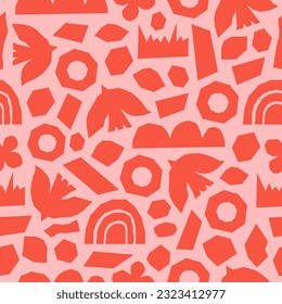 Monochrome seamless pattern with geometric cutting doodles. Trendy random shapes on a pink background. Pink and red colors. Vector illustration