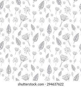 Monochrome seamless pattern with geometrical branches, leaves and flowers on white background. Vector illustration for web design, wallpaper, textile, wedding design and other.