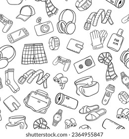 Monochrome seamless pattern with gifts for him, for man. Outline doodle clothes and devices on white