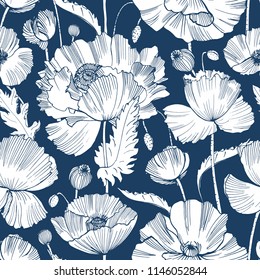 Monochrome seamless pattern with gorgeous blooming wild poppy flowers, leaves and seed heads hand drawn with contour lines on blue background. Botanical vector illustration for wallpaper, backdrop