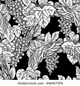 Monochrome seamless pattern with grapes and branches