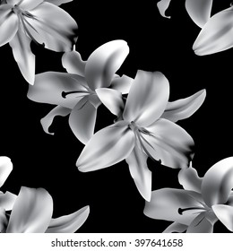 Monochrome seamless pattern with gray lilies on black background.  Vector illustration.