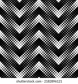 Monochrome seamless pattern.  Halftone style chevron with small white dots on a black background. Vintage geometric textile texture. Vector illustration.