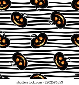 Monochrome seamless pattern of haloween pumpkins. Pumpkins with burning eyes on a striped background.