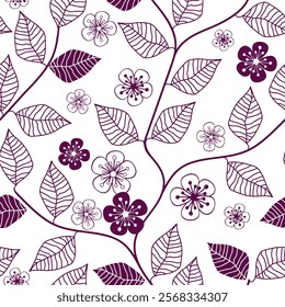 Monochrome seamless pattern with hand drawm branches and leaves of cherry blossoms on a transparent background