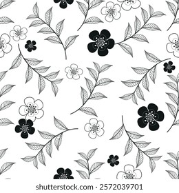 Monochrome seamless pattern with hand drawm branches and leaves of cherry blossoms on a transparent background