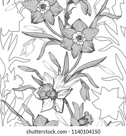 Monochrome seamless pattern with hand drawn flowers daffodils, narcissus. Floral elements on white background. Design for textile, fabrics, wallpaper, packaging. Vector Illustration