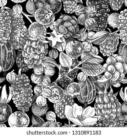 Monochrome seamless pattern with hand drawn berries on dark background. Vector illustration