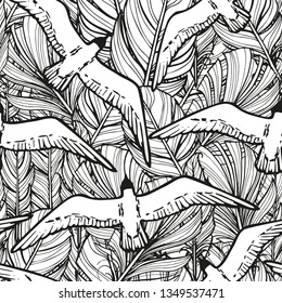 monochrome seamless pattern from hand drawn feathers of birds and flying seagulls