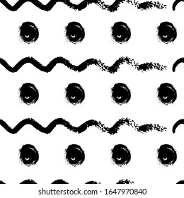Monochrome seamless pattern with hand drawn wave lines and circles. Vector illustration. Abstract background. For web, scrapbooking, wrapping paper, printing on textile, clothes, package, notepads.