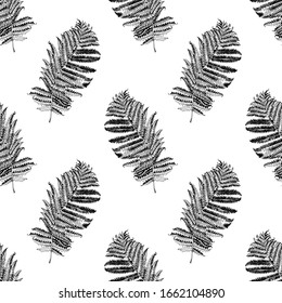 Monochrome seamless pattern with hand drawn forest fern branches. Vector illustration
