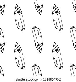 Einfarbiges, nahtloses Muster mit handgezeichneten Kristallen auf weißem Hintergrund. Vektorgrafik.