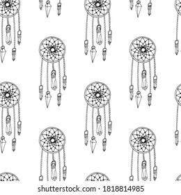 Monochrome seamless pattern with hand drawn dreamcatchers on white background. Vector illustration.