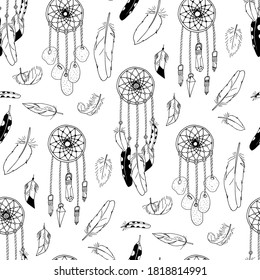 Monochrome seamless pattern with hand drawn dreamcatchers on white background. Vector illustration.