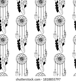 Monochrome seamless pattern with hand drawn dreamcatchers on white background. Vector illustration.